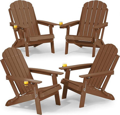 YEFU Adirondack Chairs Set of 4 for Patio: Folding Plastic Fire Pit Chair with Cup Holders & Adjustable Backrest - Sturdy All-Weather HDPE for Outdoor Backyard Deck- Easy Assembly(Teak)