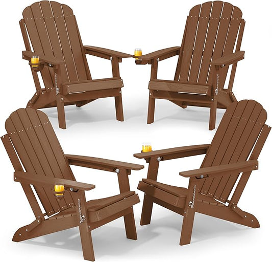 YEFU Adirondack Chairs Set of 4 for Patio: Folding Plastic Fire Pit Chair with Cup Holders & Adjustable Backrest - Sturdy All-Weather HDPE for Outdoor Backyard Deck- Easy Assembly(Teak)