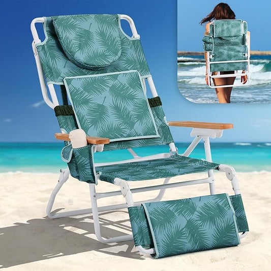 Bonnlo Deluxe 3-in-1 Beach Chair,Tanning Chair with Face Hole,Sunbathing Lounge Chair Outdoor,Adjustable Footrest,Cup Holder and Storage Pocket,Beach Lounge for Beach Pool Patio-Leaf