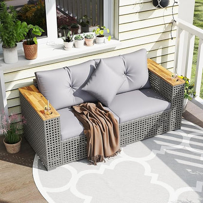 Tangkula 62.5" Large Patio Wicker Loveseat with Acacia Wood Armrests & Cup Holders, Outdoor 2-Piece Rattan Corner Sofa with Cushions, Sectional Conversation Set for Garden Backyard Porch Balcony, Grey