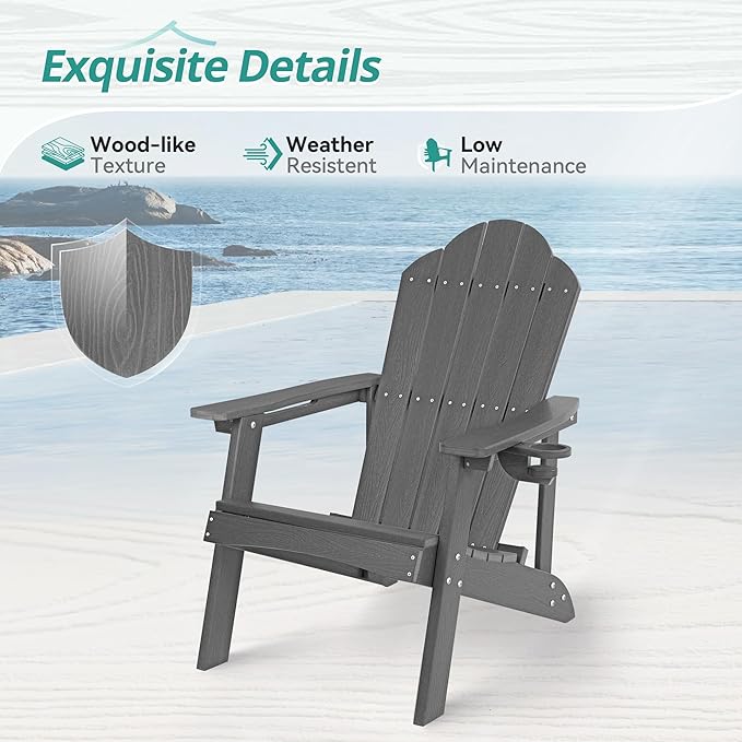 Matte HDPE Adirondack Chairs Set of 2, Weather Resistant Outdoor Seating with Hidden Cup Holder for Porch, Urban Patio, Deck & Fire Pit, Dark Gray