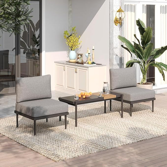 Sundale Outdoor 3 Pieces Patio Furniture Set, Metal Outdoor Sectional Sofa with Coffee Table, All-Weather Modern Outdoor Conversation Sets for Balcony, Porch, Poolside, Sunroom