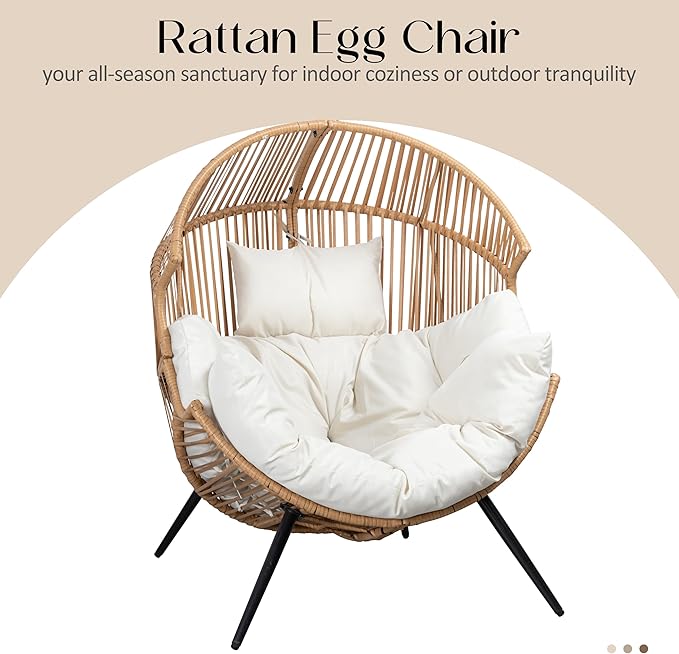 JAMFLY Wicker Egg Chair - Rattan Patio Chair with Cushion, Indoor-Outdoor Lounge Egg Basket Seat for Living Room - Photo 5