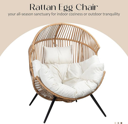 JAMFLY Wicker Egg Chair - Rattan Patio Chair with Cushion, Indoor-Outdoor Lounge Egg Basket Seat for Living Room, Bedroom, Patio, Backyard, Balcony (Beige)