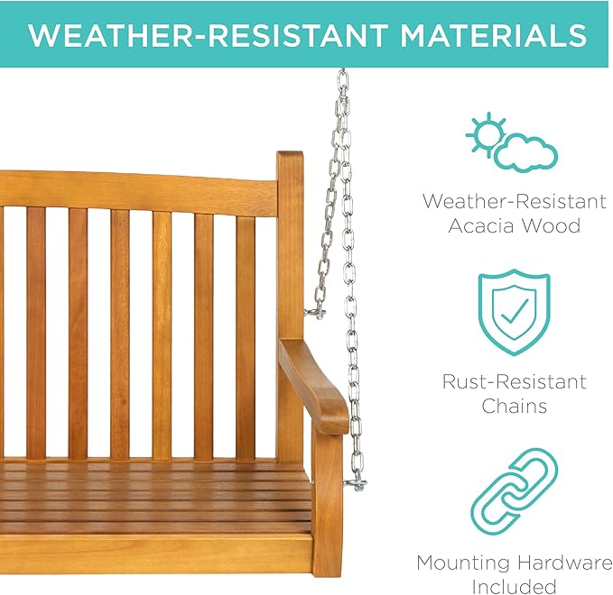 Best Choice Products 48in Wood Porch Swing Outdoor Patio Hanging Bench Chair Furniture for Deck, Garden - Photo 2
