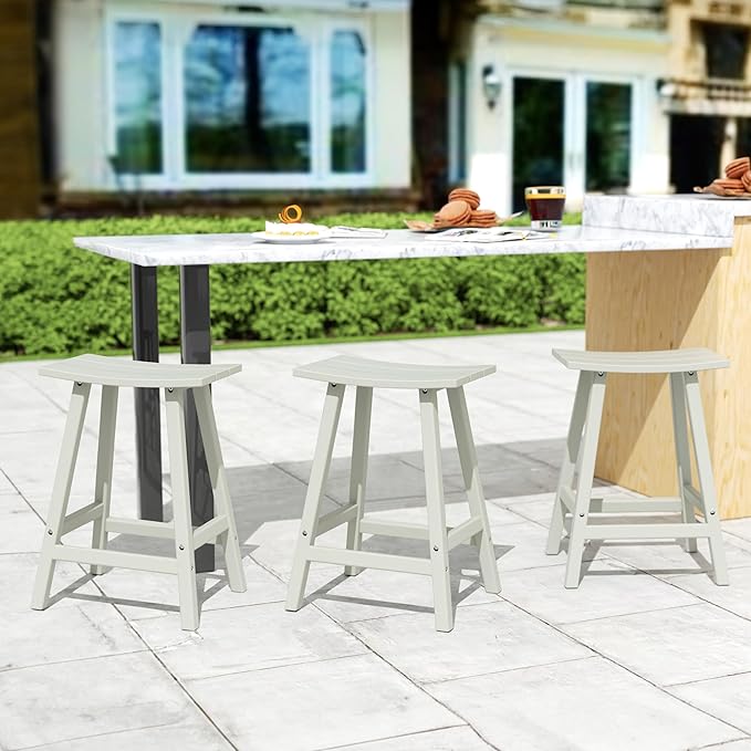 Costaelm All-Weather Bar Stools Set of 3, 24" Height Outdoor Bar Stools, Adirondack Poly Patio Bar Stool for Patio, Deck, Kitchen Counter and Garden, Sand