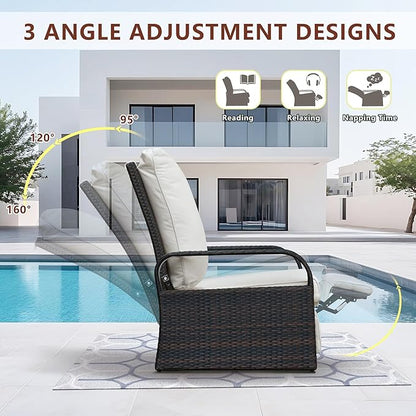 ATR ART TO REAL Outdoor Recliner, Set of 2 Wicker Reclining Chair with Coffee End Side Table, Aluminum Frame Patio Chaise Lounge Chairs with Thicken Cushions (Beige)