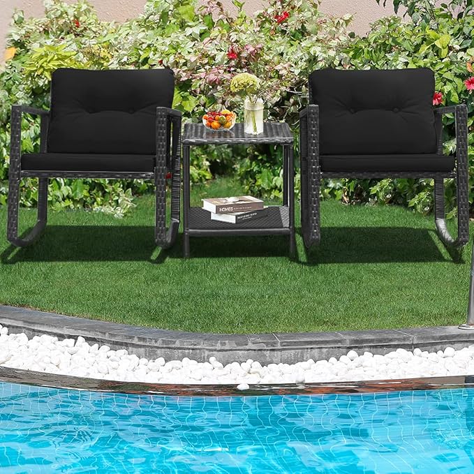 HAPPYGRILL 3-Piece Rocking Bistro Set Outdoor Patio Conversation Set with Rocking Chairs and Coffee Table - Photo 2