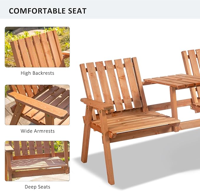 Outsunny Patio Bench, Garden Bench with Middle Table and Umbrella Hole, Wooden Outdoor Bench for Patio, Porch, Poolside - Photo 5