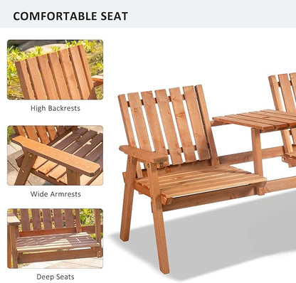 Outsunny Patio Bench, Garden Bench with Middle Table and Umbrella Hole, Wooden Outdoor Bench for Patio, Porch, Poolside, Balcony, Orange