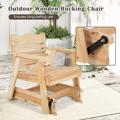 Giantex Outdoor Glider Rocking Chair - Wood Porch Rocker with High Back, Widened Armrests, Curved Seat, Rotatable Cup Holder, Patio Slat Rocking Chair for Backyard, Balcony, Poolside, Natural