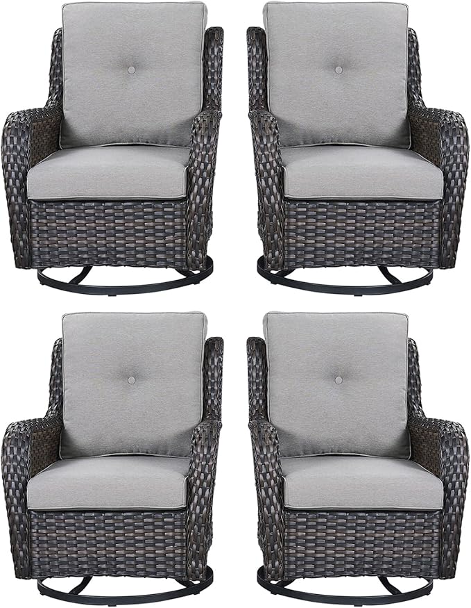 Rilyson Wicker Rocking Chair Swivel Chairs - 4 Piece Rocker Patio Chairs Set Rattan Rocking Chair for Outdoor Porch Deck Garden Backyard(Brown/Grey)