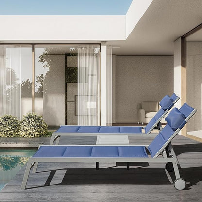 Domi Outdoor Patio Chaise Lounge Set of 3, Aluminum Pool Lounge Chairs with Side Table and Wheels, Textilene Padded Adjustable Recliner All Weather for Poolside, Beach, Yard, Balcony (Navy Blue)