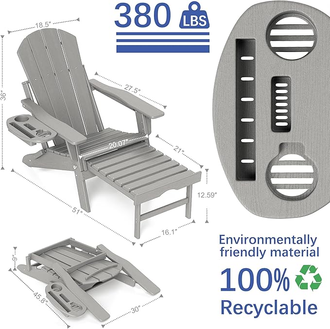 FOOWIN Adirondack Chair with Retractable Ottoman,HDPE Folding Adjustable Adirondack Chair w/4 in 1 Cup Holder Trays,All-Weather Resistant Fire Pit Chair for Outdoor Patio Lawn Set of 6