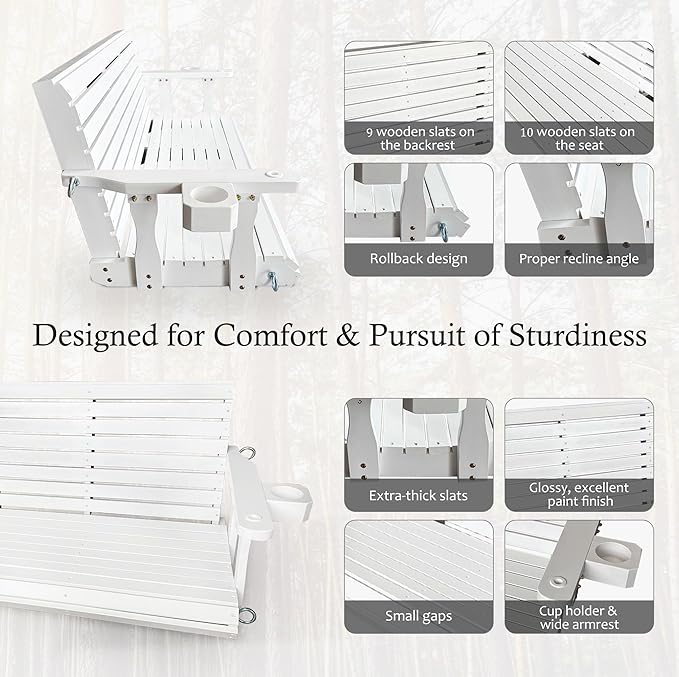 Wooden Porch Swing 3-Seater, High Backrest and Deep Seat, Bench Swing with Cupholders, Hanging Chains and 7mm Springs - Photo 5