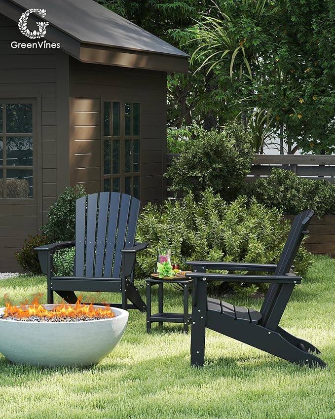 GREENVINES Adirondack Chairs Set of 4 | HDPE Plastic | Oversized Fire Pit Chair | All Weather | Black | Poly Lumber | for Outdoor Deck Backyard Patio Garden