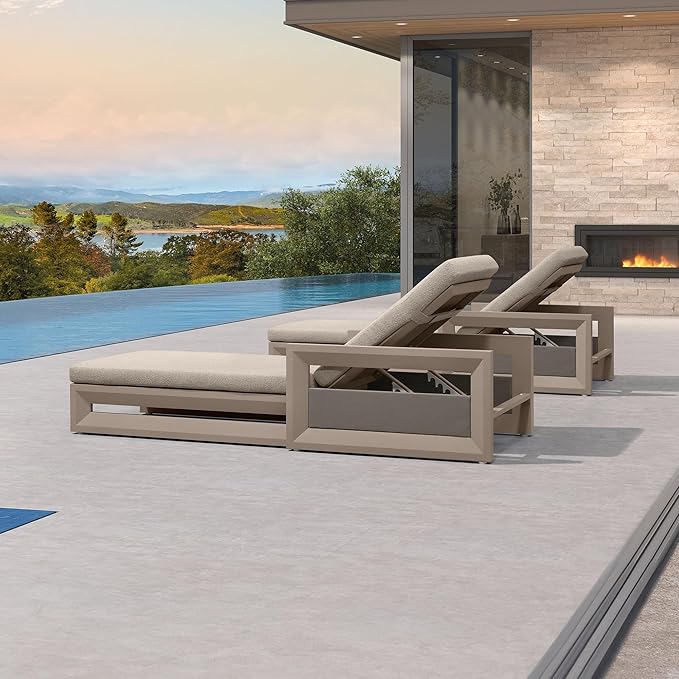 PURPLE LEAF Outdoor Chaise Lounge Set of 4 Reclining 2 in 1 Design Lounger Chair with Cushion Deluxe Aluminum Oversize Pool Lounge Chairs with Armrests & Backrest for Patio Poolside Backyard, Khaki
