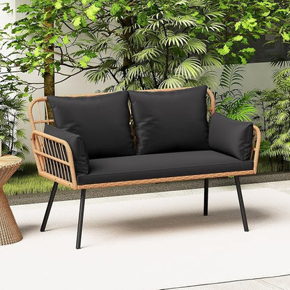 HAPPYGRILL Patio Loveseat Sofa Rattan Wicker 2-Seater Couch with Cushions & Lumbar Pillows, Metal Legs, Outdoor Furniture for Balcony, Porch, Deck (Black)