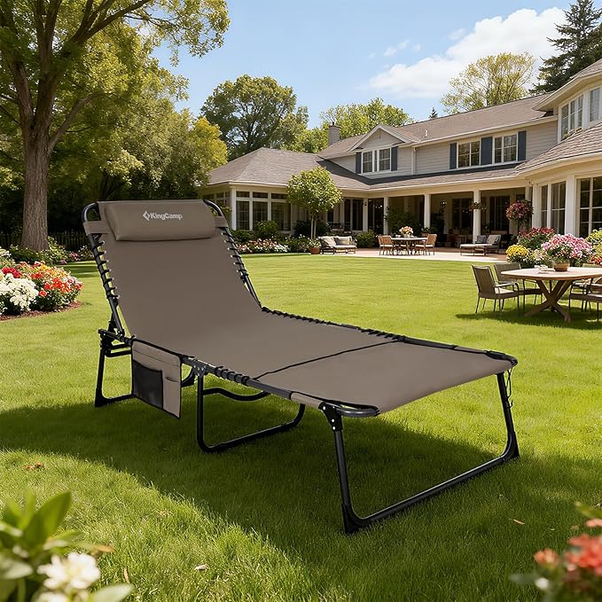 KingCamp Tanning Chair with Face Hole, Lounge Chairs Outdoor Folding Comfy Adjustable 5-Position Lay Flat Foldable Chaise Chaser Lounger for Outside Beach Patio Sun Bathing Pool, Beige