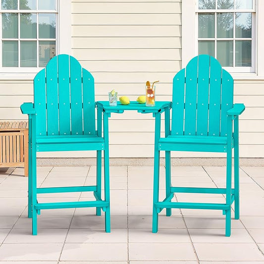 LUE BONA Tall Adirondack Chair Set of 2, All Weather HDPS Bar Height Adirondack Chair with Detachable Table & Umbrella Hole, Adirondack Barstools for Patio, Deck, Backyard & Commercial Use Aruba Blue