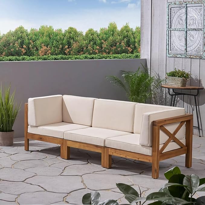 roomfitters Outdoor X-Back 3-Seater Sectional Sofa with Acacia Wood Frame and Cushions, Beige - Photo 1
