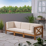roomfitters Outdoor X-Back 3-Seater Sectional Sofa with Acacia Wood Frame and Cushions, Beige - Photo 1