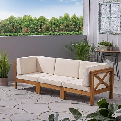 roomfitters Outdoor X-Back 3-Seater Sectional Sofa with Acacia Wood Frame and Cushions, Beige