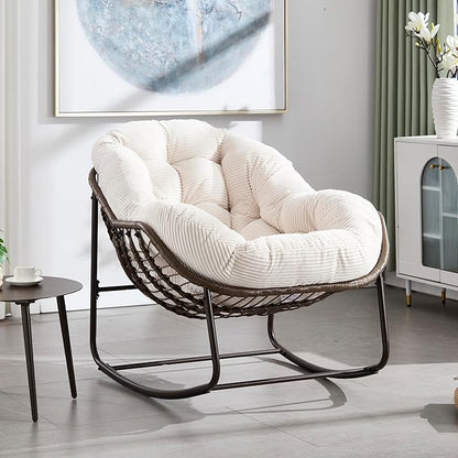 Large Indoor Rocking Chair, Oversized Rocking Papasan Chair with Thick Cushion and Frame,Comfy Corduroy Rocker Wicker Egg Chairs Lounge Reading Chair for Living Room, Bedroom, Apartment, White