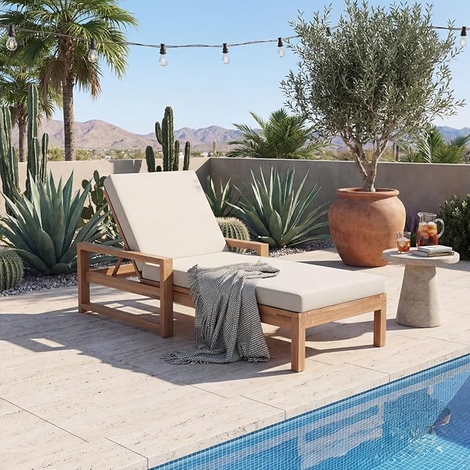 Outdoor Chaise Lounge Chair, Patio Chaise Lounge Recliner with Adjustable Backrest, Acacia Wood Poolside Chaise Lounge with Thick All-Weather Cushions for Patio, Deck and Backyard(B)