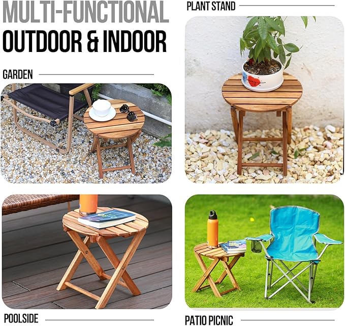 Pack of 2 Small Folding Table, Portable Acacia Wood Side Table for Patio, Porch, Balcony, Indoor Plant Stand, Natural, 13 inches Height