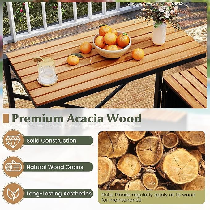 Tangkula 2-in-1 Outdoor Convertible Bench, Transforming Interchangeable Picnic Table Garden Loveseat with Metal Frame, PE Rattan Acacia Wood Foldable Table and Chairs Set for Porch, Backyard & Deck