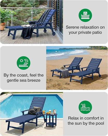 YEFU Lounge Chair Outdoor Set of 4: Outdoor Chaise Lounge with 5-Level Adjustable Backrest, Cup Holders & Wheels, All-Weather Resistance Chaise Lounge for Outside/Patio/Beach/Deck, Navy Blue