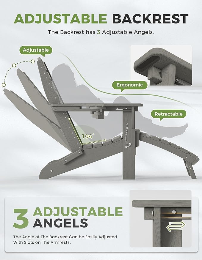 Ciokea Folding Adirondack Chair Set of 2 with Retractable Ottoman - Photo 5