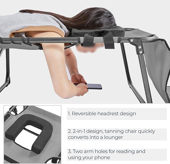 Yaheetech 22.4" Tanning Chair with Face Hole, Adjustable 5-Position Folding Chaise Lounge Chairs, Outdoor Lounge Chairs for Lawn, Beach, Sunbathing, Gray