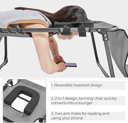 Yaheetech 22.4" Tanning Chair with Face Hole, Adjustable 5-Position Folding Chaise Lounge Chairs, Outdoor Lounge Chairs for Lawn, Beach, Sunbathing, Gray