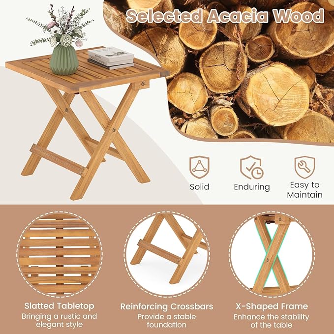 Tangkula Outdoor Folding Side Table, Acacia Wood End Table with X-Shaped Legs & Slatted Tabletop - Photo 6