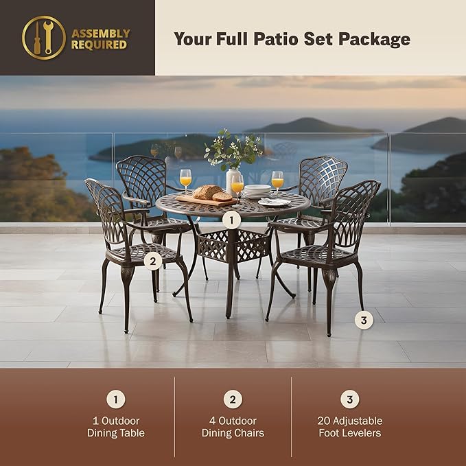 Kinger Home Arden 5-Piece Outdoor Dining Set for 4, Cast Aluminum Patio Furniture, Round Table with Chairs - Photo 2