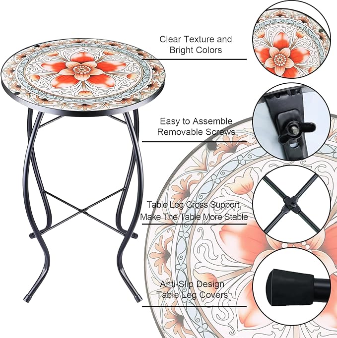 12 Inch Small Outdoor Side Table with Pink Flower, Glass Mosaic Patio Table Indoor - Photo 4