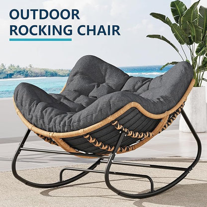 Outdoor Rocking Chair, Oversized Papasan Chair, Indoor Comfy Lounge Rocker with Cushion for Patio, Living Room, Porch, Balcony-Dark Grey
