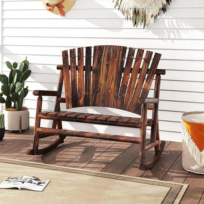 Tangkula 2-Person Wood Outdoor Rocking Chair, Outside Adirondack Rocker with High Back and Slatted Seat, Oversized Porch Rocking Chair for Balcony, Garden, Backyard, Patio