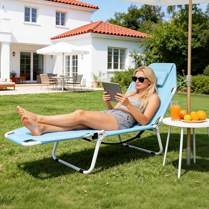 MOPHOTO Beach Tanning Chair, 5-Position Tanning Chair with Padded Face-Hole, Heavy Duty Folding Chaise Lounge for Beach, Pool, Patio & Sunbathing