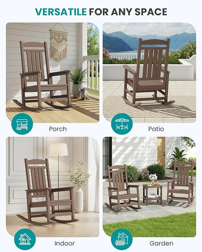 SERWALL HDPE Outdoor Rocking Chair Set of 4, Patio Rocking Chairs, All-Weather Porch Rockers for Adults, Brown