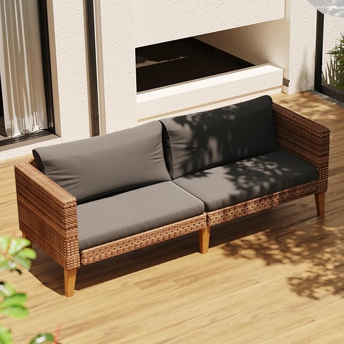 WiberWi Outdoor Couch, All Weather Patio Sofa with Acacia Wood Legs, PE Wicker Outdoor Furniture Deep Seating - Photo 1
