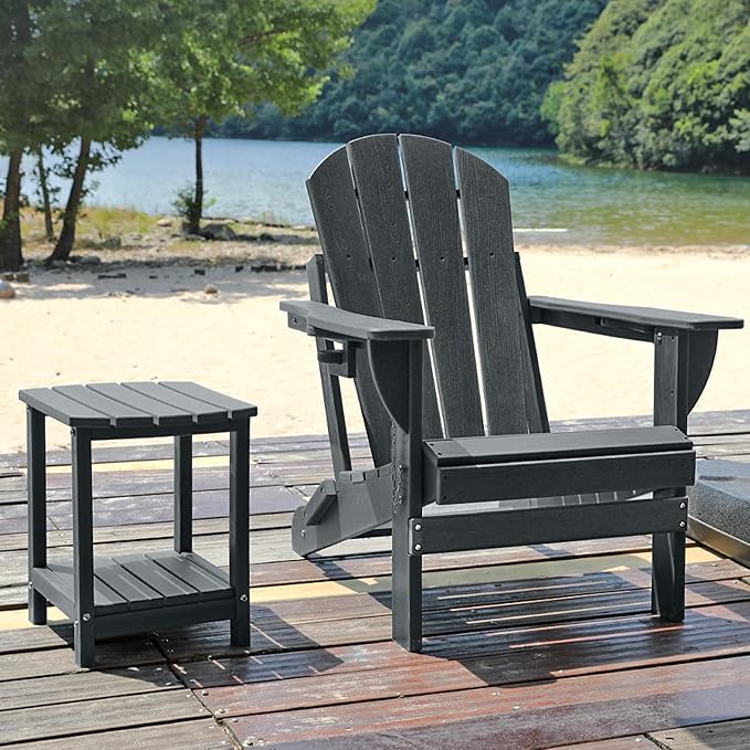 Folding Adirondack Chair, HDPE Outdoor Texture Lawn Chair with Reclining Back, Cup and Phone Holder - Comfortable Firepit Chair Weather Resistant for Patio or Backyard (Grey, Set of 4)