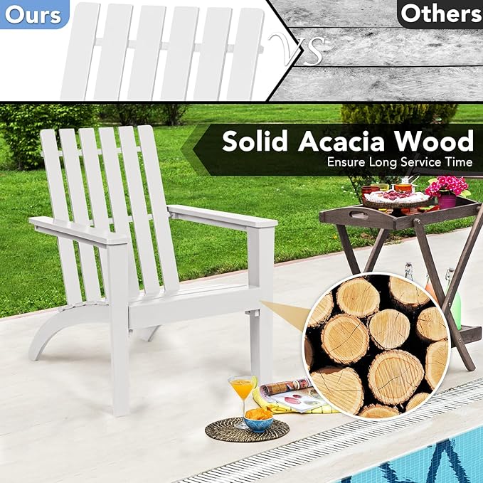 Giantex Adirondack Chair Acacia Wood Outdoor Chairs, 350 lbs Weight Capacity, Weather Resistant Campfire Chairs for Lawn Seating, Garden, Poolside, Balcony, Patio Adirondack Lounger, White
