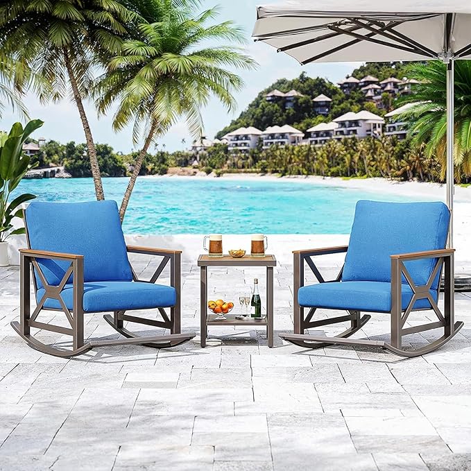 Rocking Bistro Set, 3-Piece Patio Conversation Set, Galvanized Frame Patio Rocking Chairs Set of 2 with Coffee Table and Thickened All-Weather Cushion (Blue)