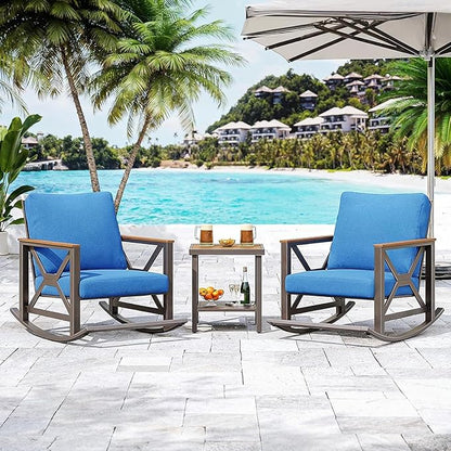 Rocking Bistro Set, 3-Piece Patio Conversation Set, Galvanized Frame Patio Rocking Chairs Set of 2 with Coffee Table and Thickened All-Weather Cushion (Blue)