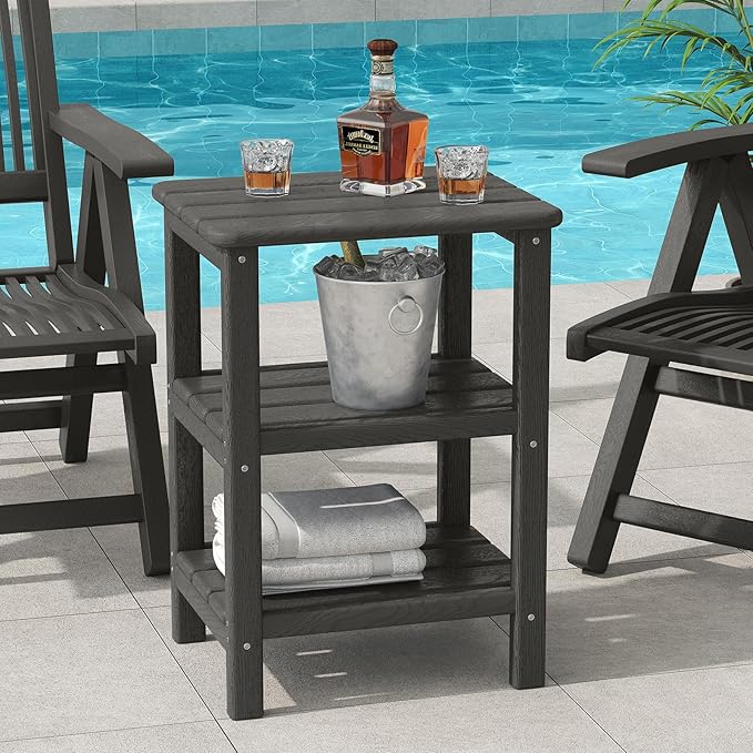 3 Tier Outdoor Side Table Adirondack Side Table HDPE End Table Patio Side Table Rectangle Tables for Outdoor Backyard Garden Balcony (Retro, Grey)