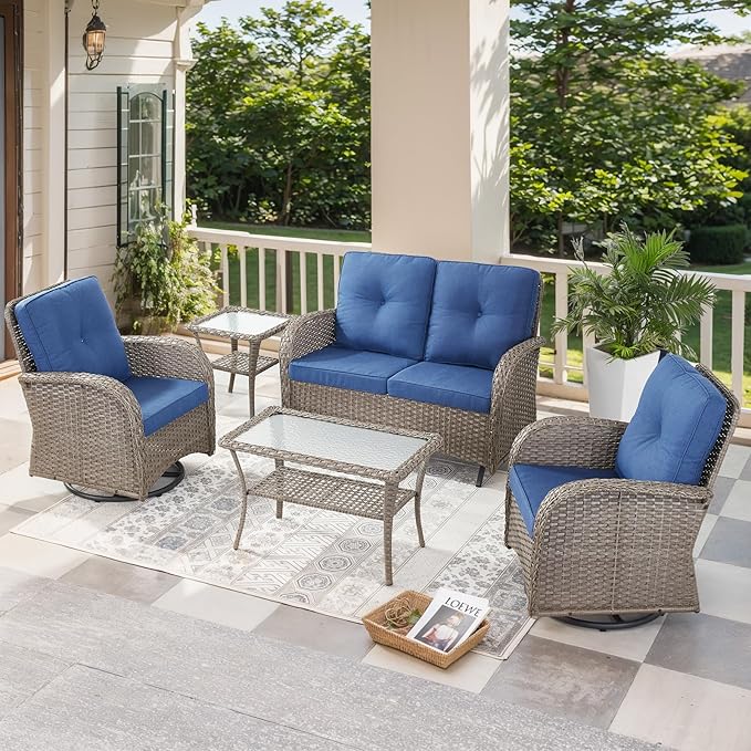 5 Pieces Patio Furniture Set-Outdoor Rocking Chairs Set of 2 Outdoor Glider Bench with Wicker Outdoor Coffee Table for Deck Lawn Porch Balcony Poolside-Grey/Blue