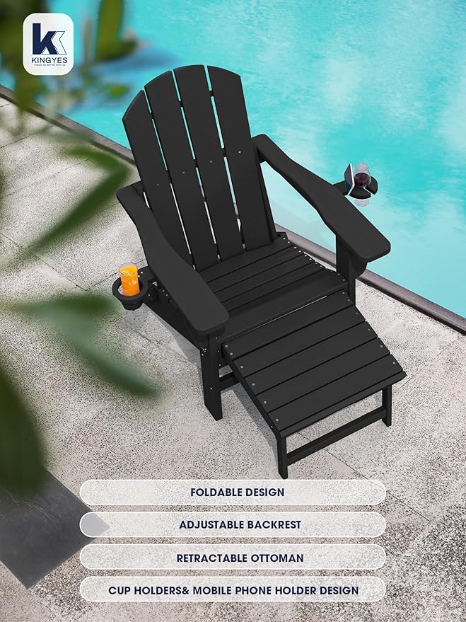 KINGYES Folding Adjustable Adirondack Chair with Ottoman & 2 Cup Holders Set of 4, HDPE Adirondack Recliner Chair with Footrest, Black